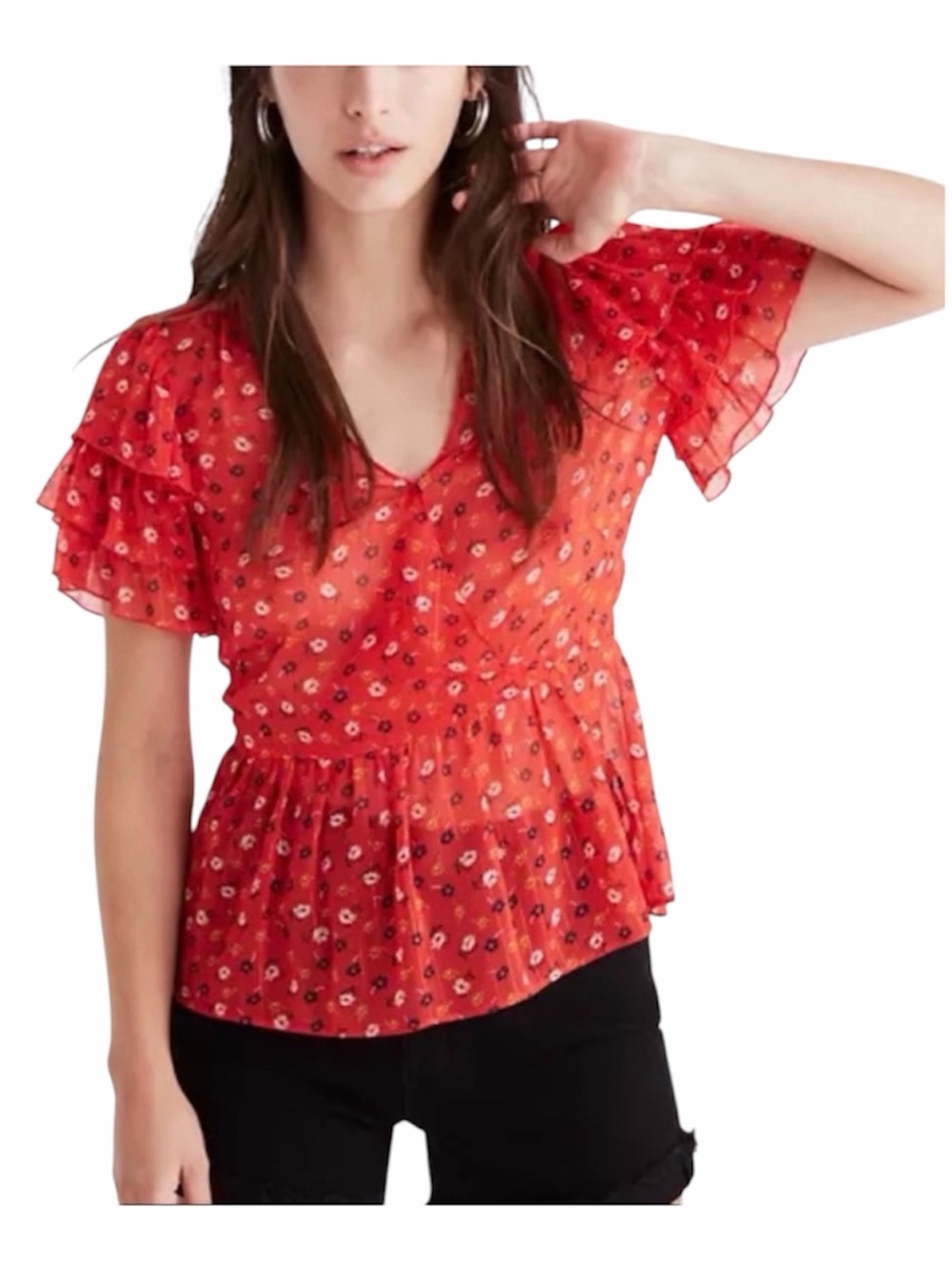 Madewell Prairie Posies Metallic Floral Peplum Top Red Tiered Sleeve | Size 6